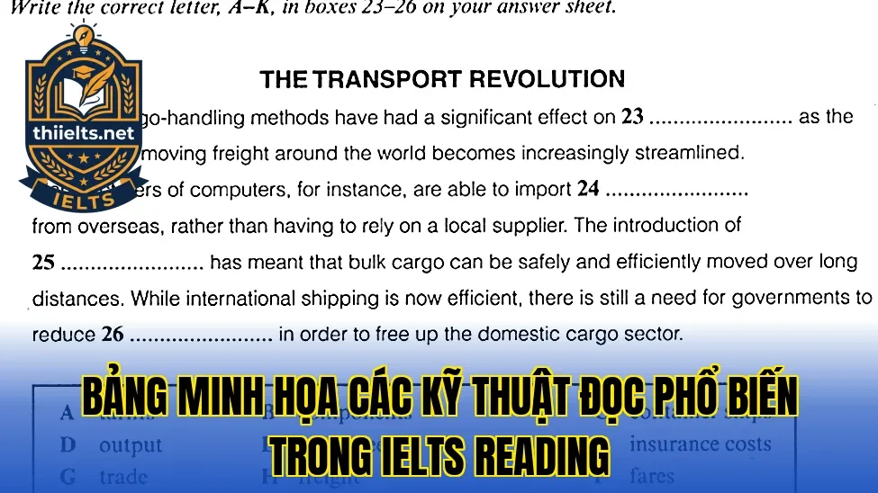 Bảng minh họa các kỹ thuật đọc phổ biến trong IELTS Reading