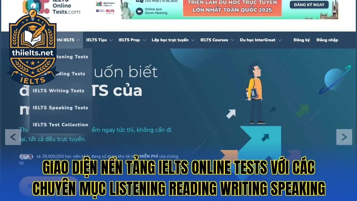 Giao diện nền tảng IELTS Online Tests với các chuyên mục Listening Reading Writing Speaking