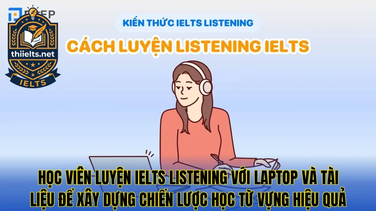Học viên luyện IELTS Listening với laptop và tài liệu để xây dựng chiến lược học từ vựng hiệu quả