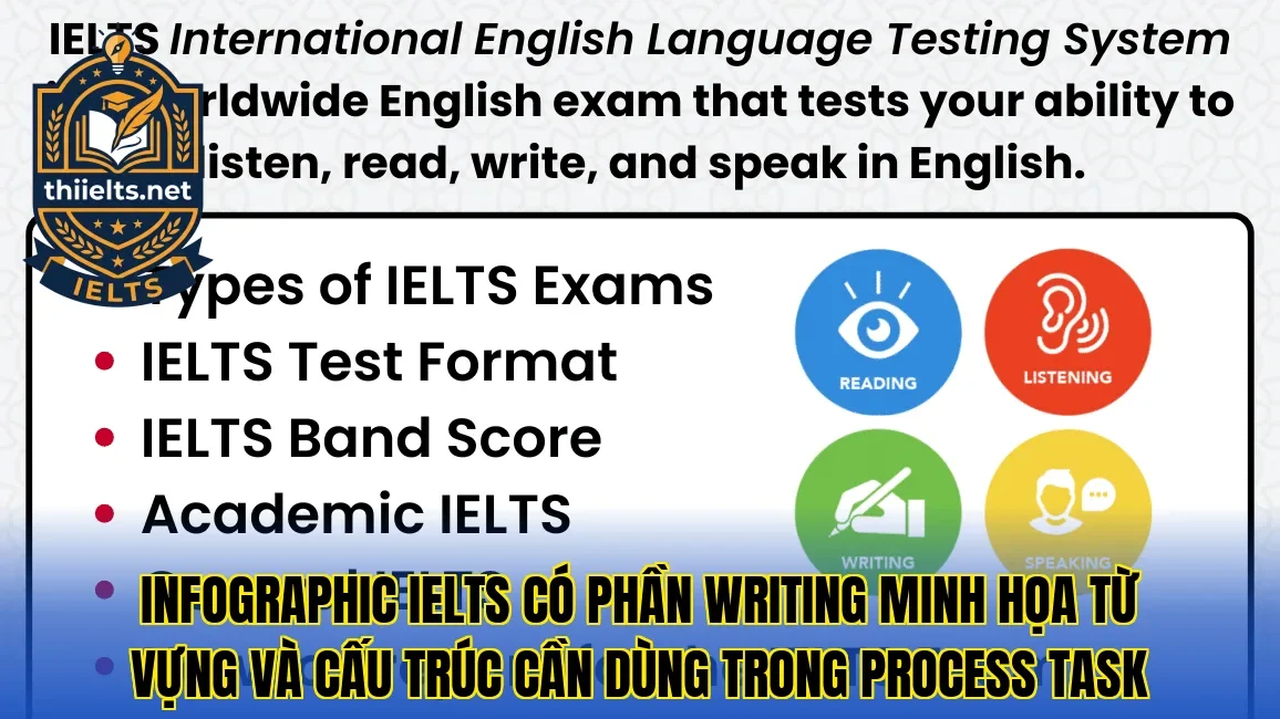Infographic IELTS có phần Writing minh họa từ vựng và cấu trúc cần dùng trong Process Task