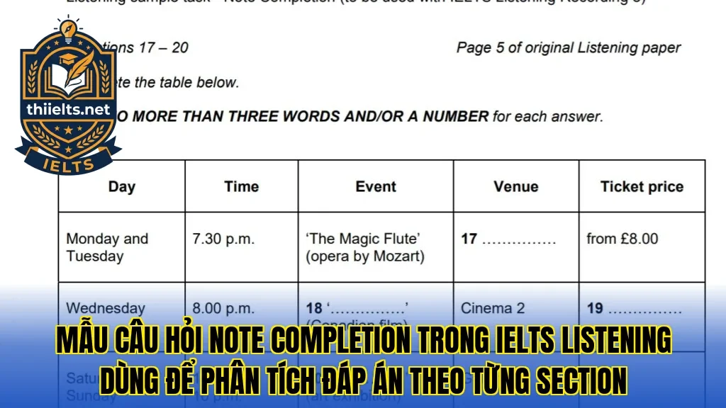 Mẫu câu hỏi note completion trong IELTS Listening dùng để phân tích đáp án theo từng section
