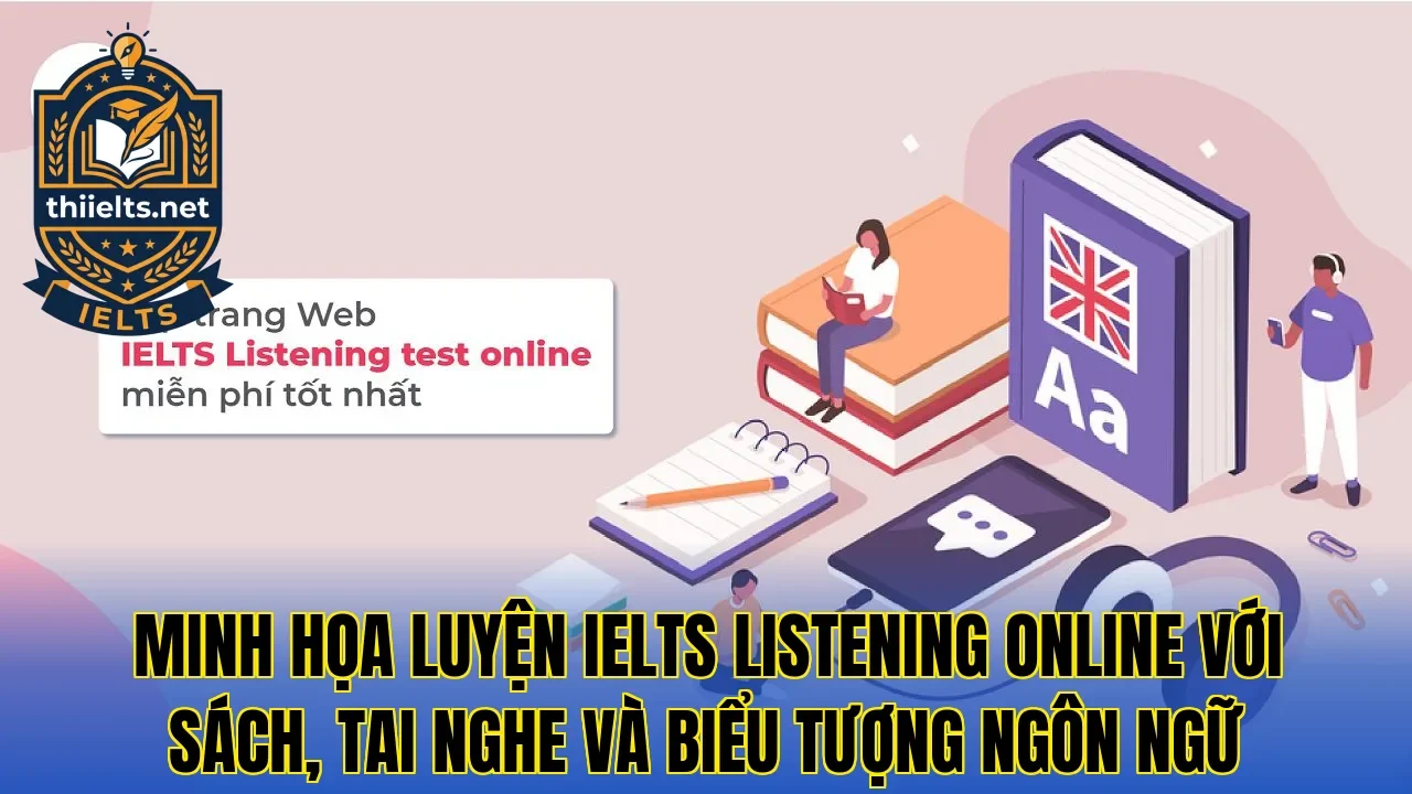 Minh họa luyện IELTS Listening online với sách, tai nghe và biểu tượng ngôn ngữ