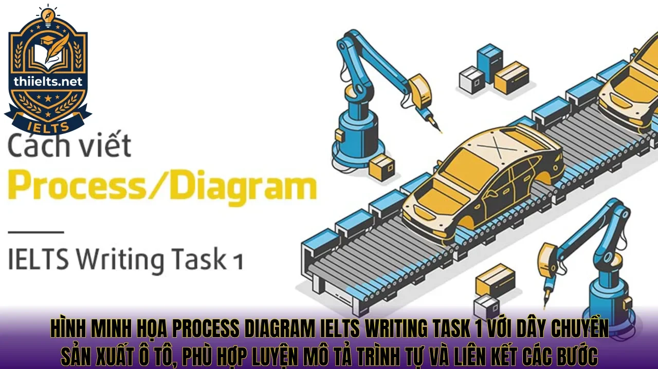 Hình minh họa Process Diagram IELTS Writing Task 1 với dây chuyền sản xuất ô tô, phù hợp luyện mô tả trình tự và liên kết các bước