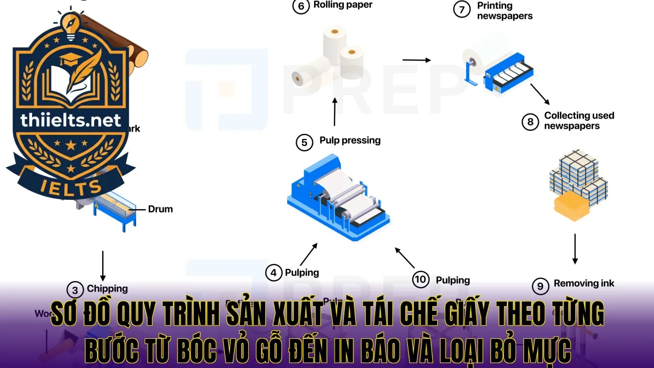 Sơ đồ quy trình sản xuất và tái chế giấy theo từng bước từ bóc vỏ gỗ đến in báo và loại bỏ mực